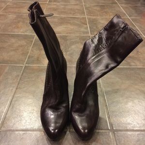 COLE HAAN Brown Leather Mid Calf Stacked Heel Boot